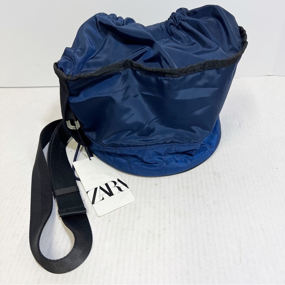 Zara Blue & Black Nylon Crossbody Drawstring Bucket Bag NEW - Picture 5 of 14